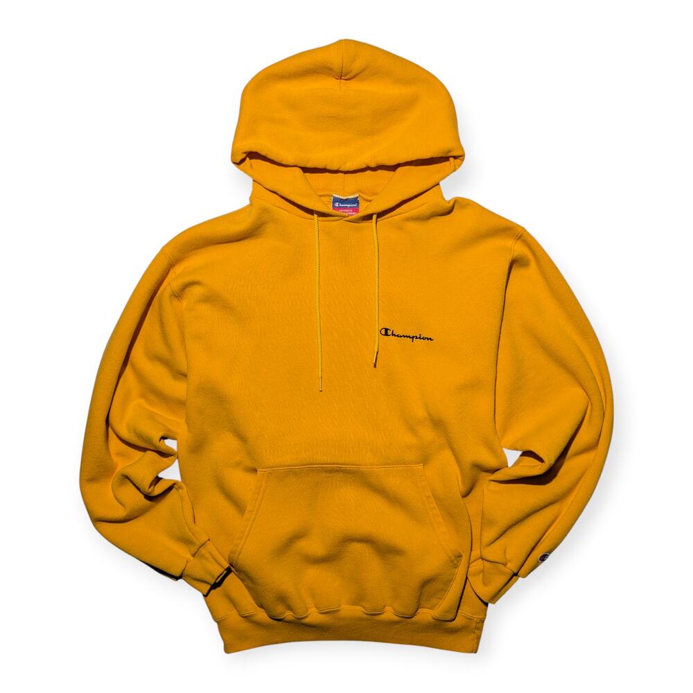 Vintage Mustard Yellow Champion Hoodie –‎ Spellout Logo, Cozy Fleece Pullover